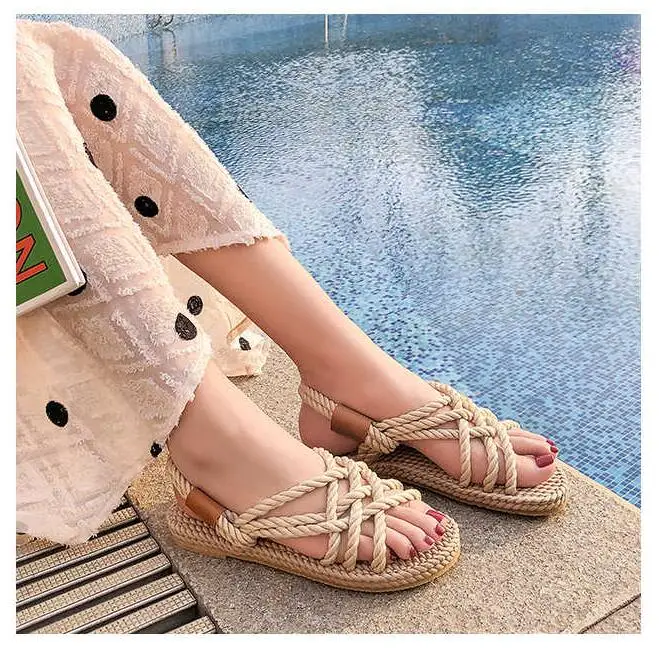 2021 summer new net celebrity same style sandals women woven hemp rope beach flat shoes cross strap tide shoes women