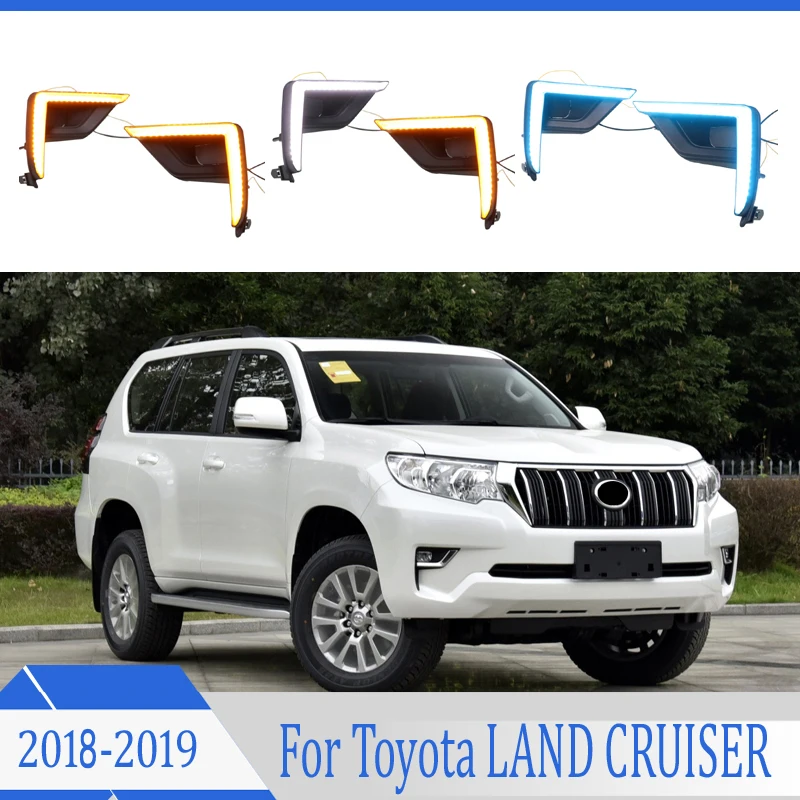 

Для Toyota LAND CRUISER FJ150 LC150 2018 2019 светодиодсветодиодный дневные ходовые огни DRL с отверстием для противотуманной фары, желтый сигнал поворота, синий