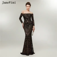 janevini 2020 sexy mermaid black long sleeve prom dresses boat neck sequins arabic formal plus size sparkly dress vestido fiesta
