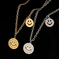 colorless 316l stainless steel necklace two smiling face pendants rock hip hop fashion simple womens gift jewelry