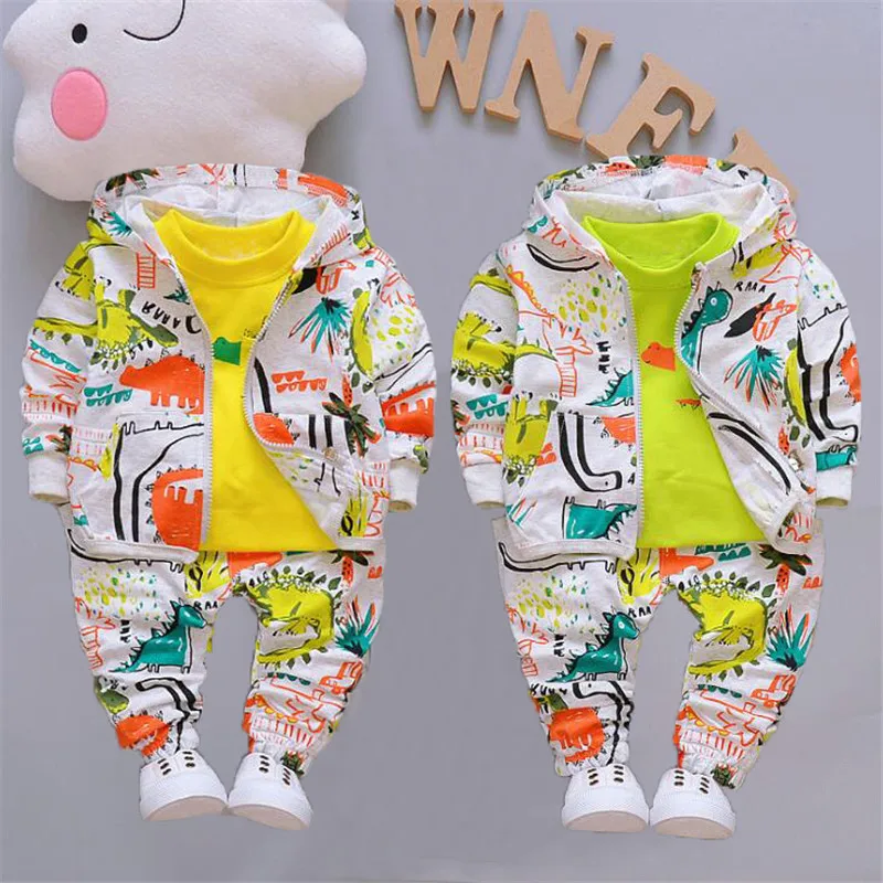 

Baby boy clothes 0-4Y spring and autumn cotton suit boy cartoon dinosaur sweater boy casual sports hooded three-piece suit