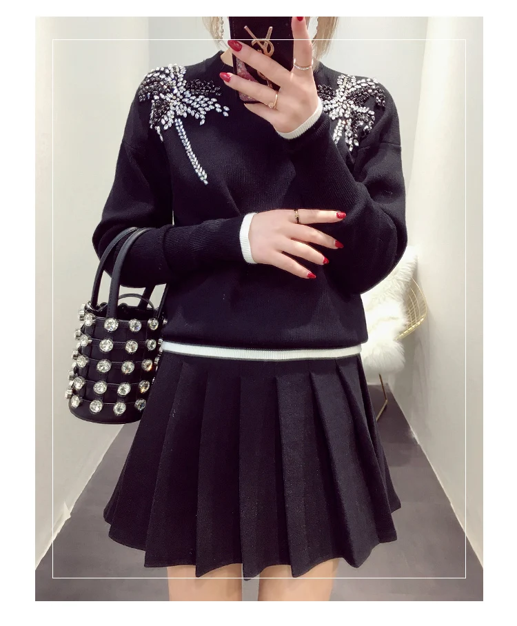 Womens Sweaters 2018 Winter Long Sleeve O-neck Coconut Tree with Beading Knit and Pullovers Red Black White Hem | Женская одежда