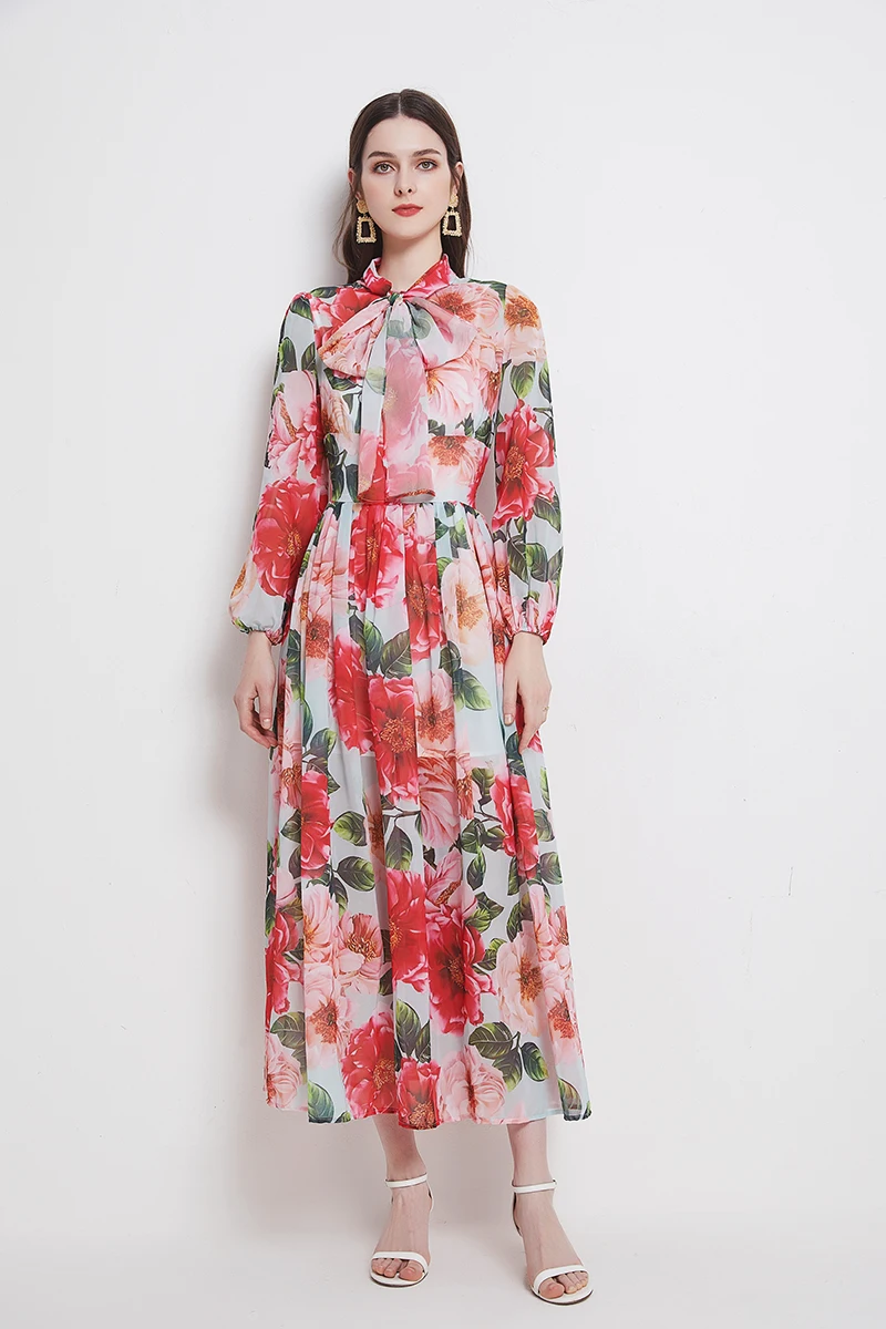 

2021 Spring Chiffon Dress Women's Lantern Sleeve Bowtie Collar High Waist Floral Printted Bohemia Pleated Mixi Dress