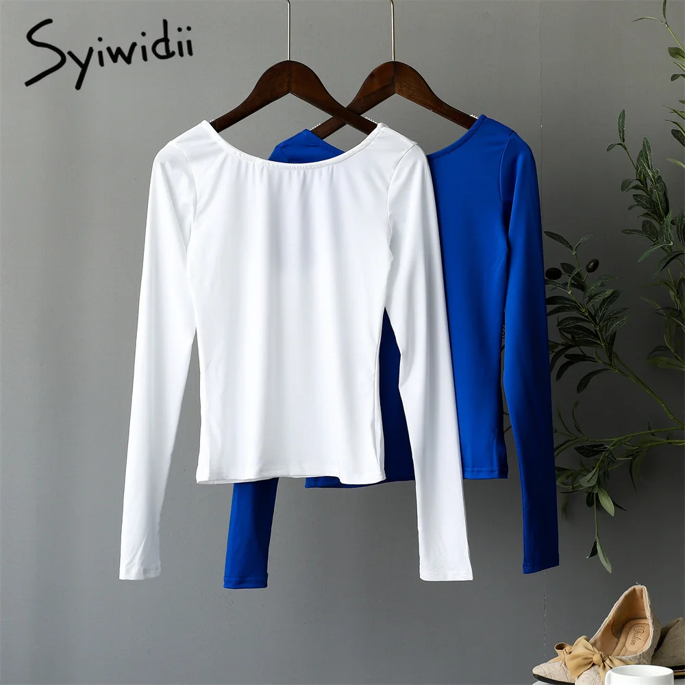 

Syiwidii Backless Blue T Shirts for Women Spring Summer 2022 High Fashion Round Neck Long Sleeve Crop Tops Stretch White Shirts