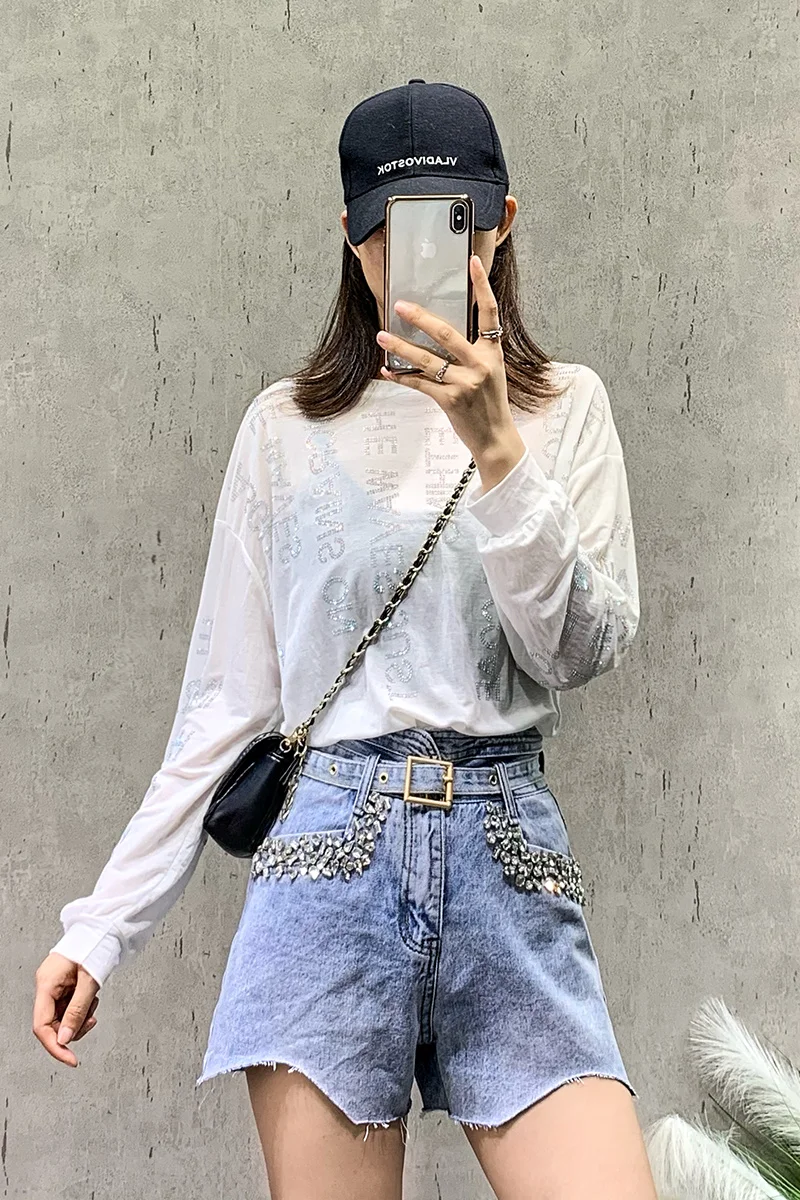 

All-match Fashion Women Diamond High Waist Light Blue Denim Shorts Irregular Loose Slimming A- Line Wide Leg Pants