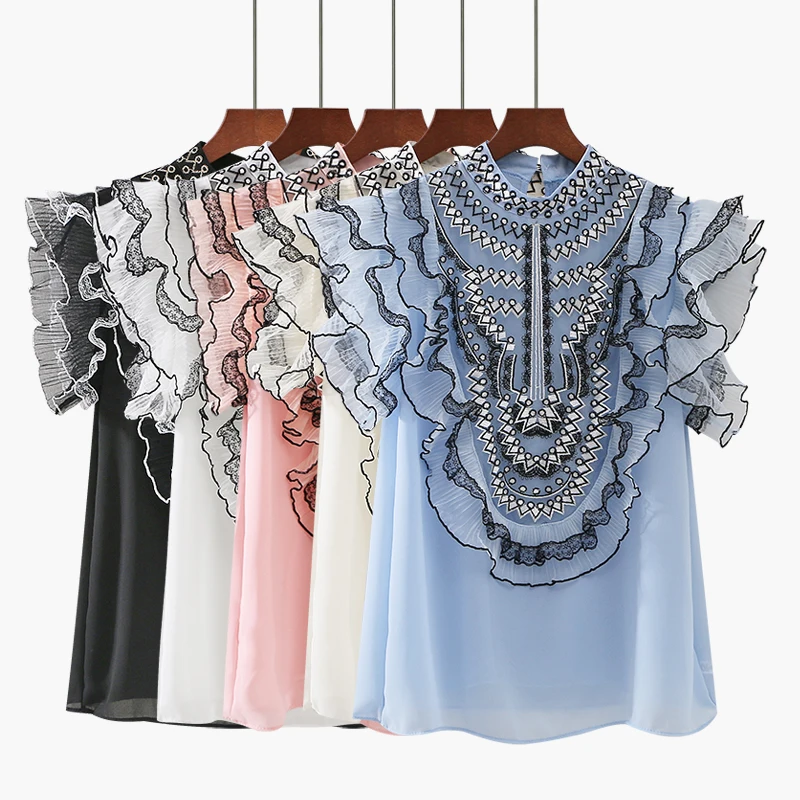 

Elegant Summer Women Flying Sleeve Embroidery Lace Mesh Gauze Ruffles Chiffon Shirt Lady Elastic Slim Pullover Chic Blouse Tops