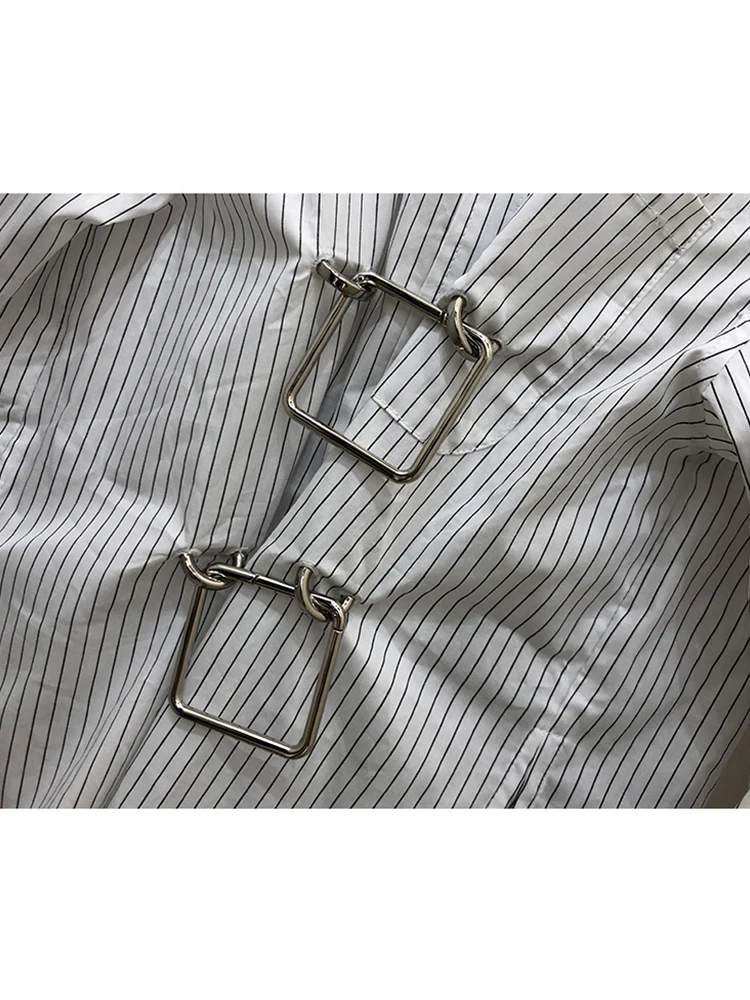 

Free shipping access control metal buckle waist loose striped shirt ladies autumn new fashion personality wild long sleeve top