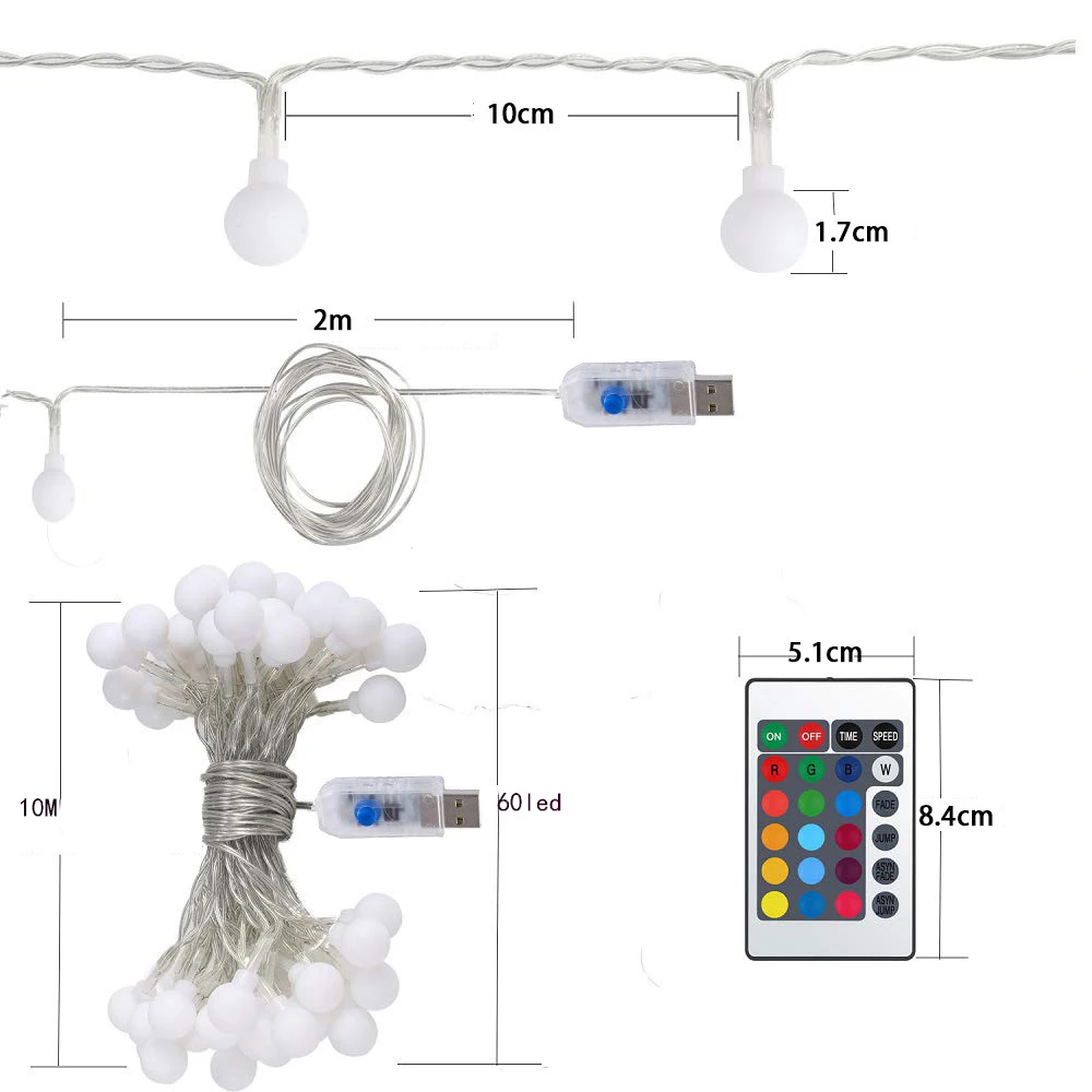 

Led Globe String Light USB Plug 16 Color Changing 10M 60 Led Outdoor Party Wedding Decoration Christmas Garden Holiday Lighting