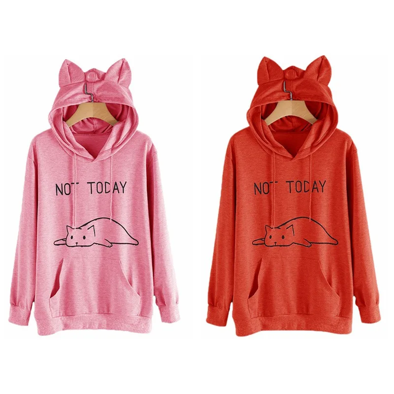 

Women Sweatershirt Cat Printed Autumn Long Sleeve Pullovers Fashion Cat Ear Hooded Coat 1