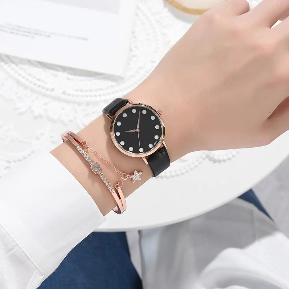 

XR4435 Women White Dot Faux Leather Band Quartz Watch Star Design Bracelet Set For Ladies Gift Clock