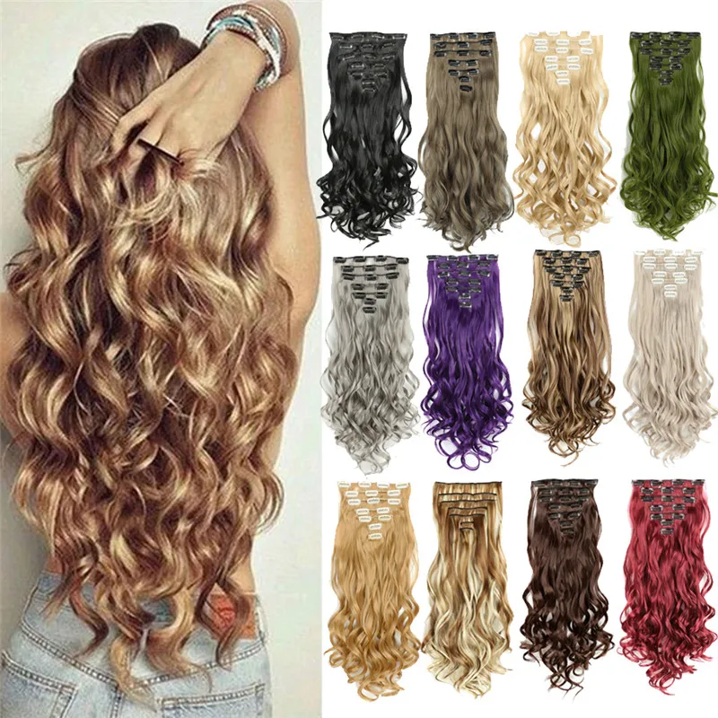 

Clip In Hair Extensions Synthetic Hair 7pcs Set 22" 130g Long Curly Hair Fake Wavy Hair Heat Resistant Clip Ins For Women