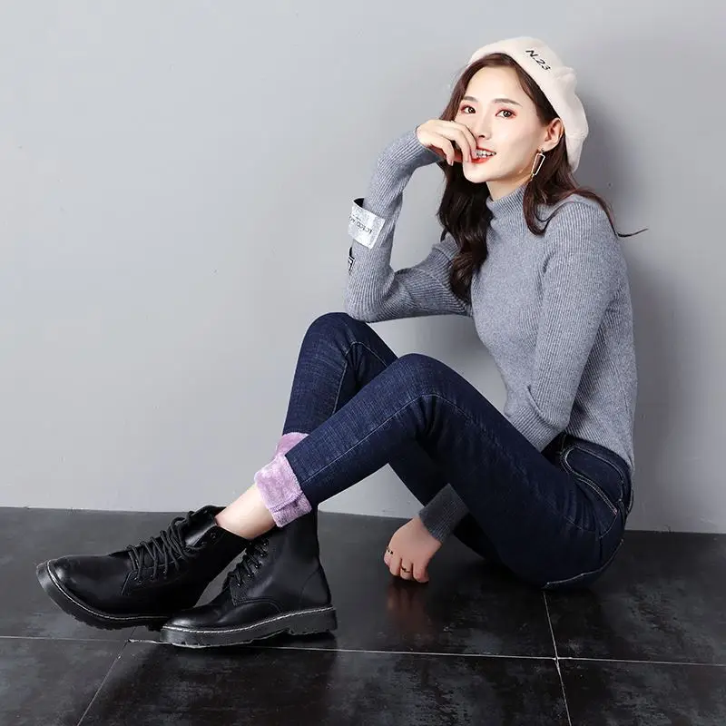 Зимние женские джинсы с высокой талией узкие теплые облегающие для женщин