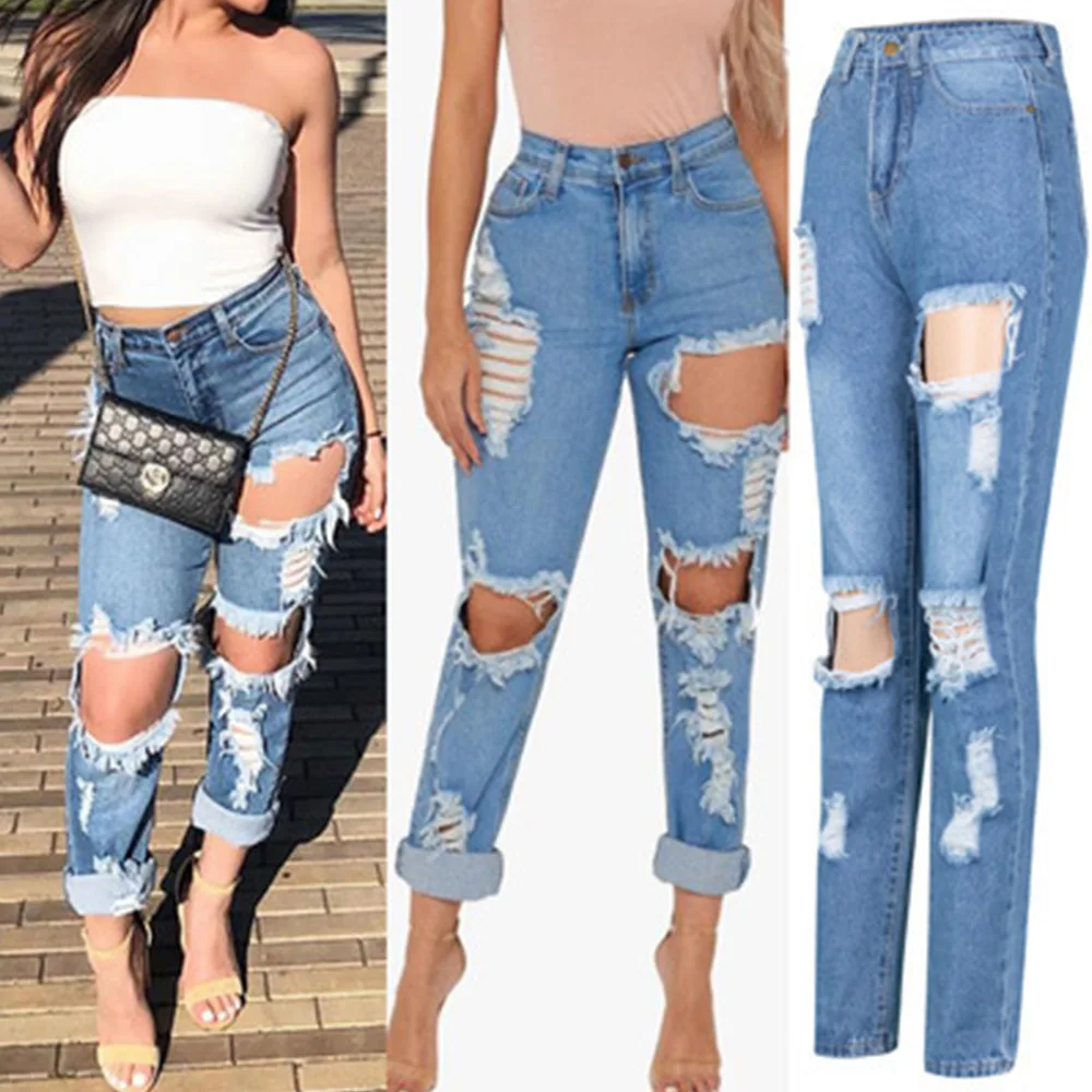 

Boyfriend Jeans For Women Autumn Baggy High Waist Russia Loose Plus Size Ripped Hole Sexy Commuter Streetwear White Trousers