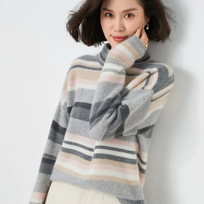 Женский шерстяной свитер в полоску теплый пуловер из натуральной шерсти с