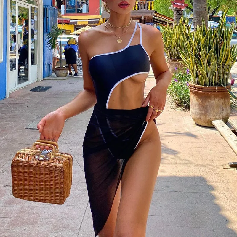 

Купальник женский, на одно плечо, с вырезами, летний, черный