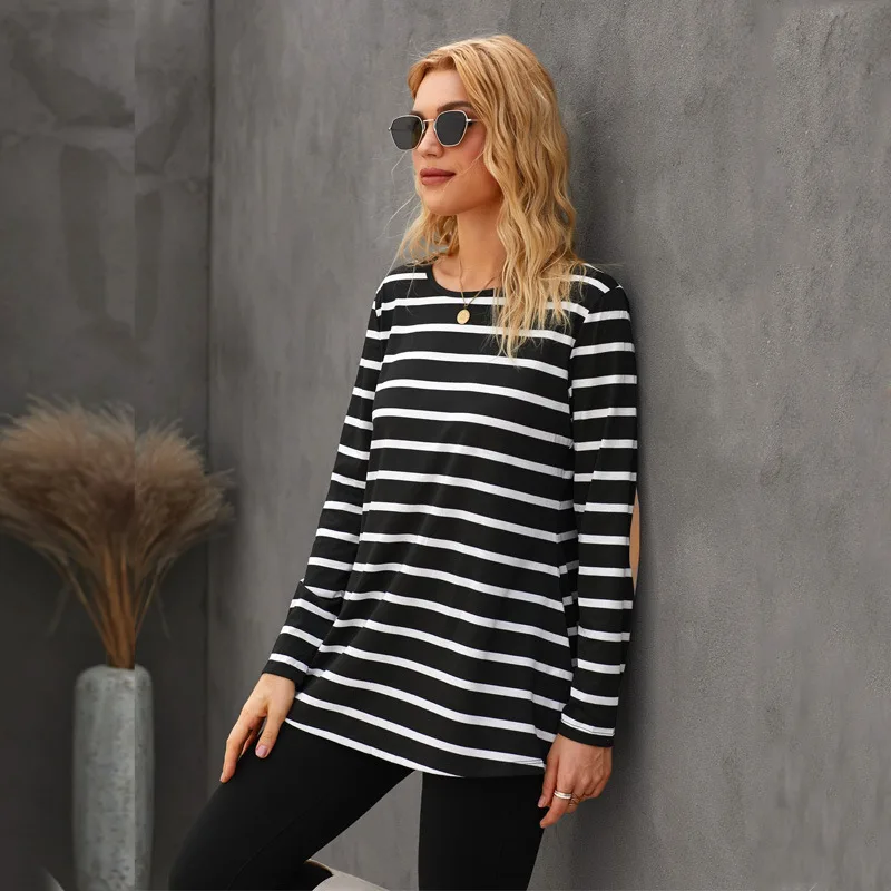 

Fashion Classical Striped Sweatshirt Women Autumn New Arrival o-Neck Long Sleeve Pullovers Lady Tops Hoodies Tops Home Clothing