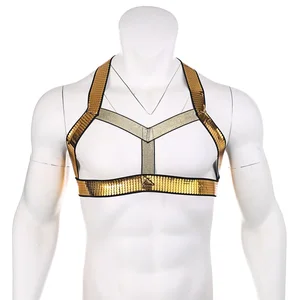 Для мужчин блестящий золотой эластичный нагрудный ремни для нижнего белья мужской ремень, зентай, костюм, Новый стиль Клубное платье с лямкой на шее сексуальный бондаж