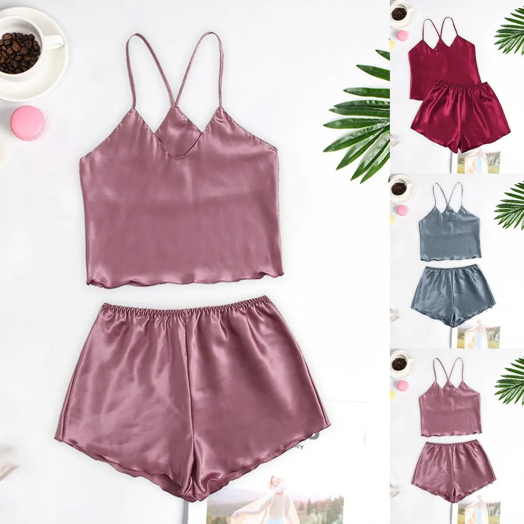 

Женские пижамные комплекты, сексуальная одежда для сна без рукавов, атласная шелковая однотонная женская пижама на бретельках размера S-xl, 2 ...