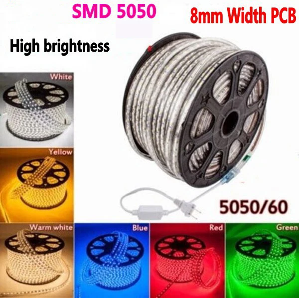 

100m/Lot 220V-240V 8mm PCB SMD 5050 RGB led strip rope light High bright waterproof outdoor+ power plug/rgb control