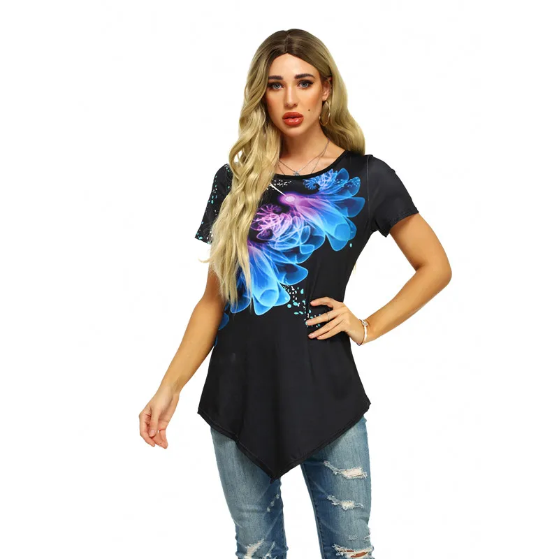 Leaf Print Irregular Hem Women's Short T-Shirts New Summer Tees Large Sizes 5XL Ladies Top Shirt Sleeve 3D Tshirts | Женская одежда
