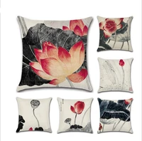 retro ink painting lotus leaf printing pillowcase home decorative linen sofe bed cushion cover plant car waist pillow case