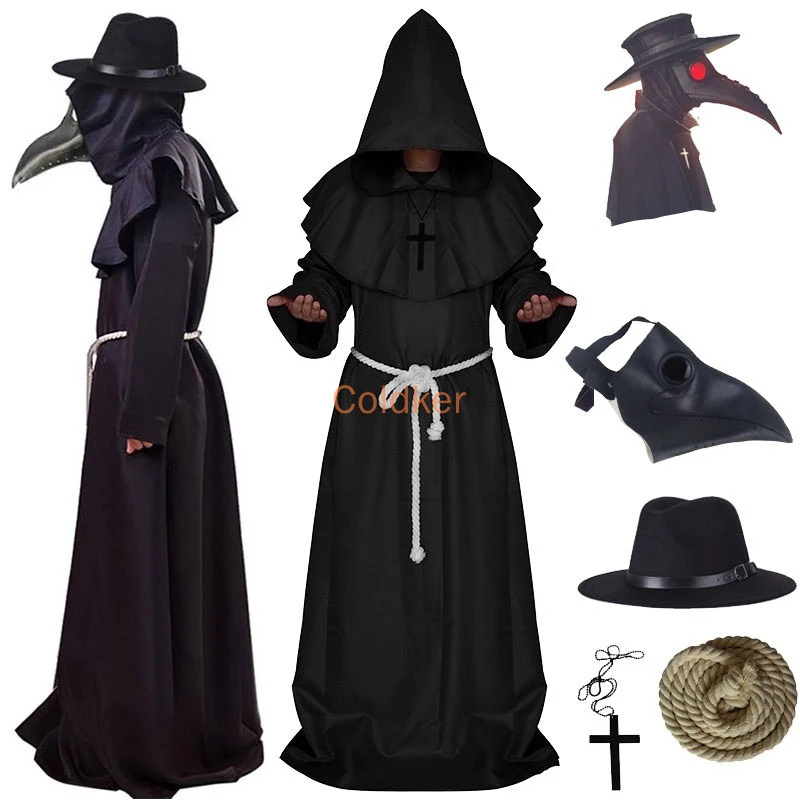 

Новинка 2021, костюм Чумного доктора, средневековый Халат с капюшоном, ужасная маска в стиле стимпанк, шапка для взрослых, для хэллоуивечерние для ролевых игр, размер S-XL