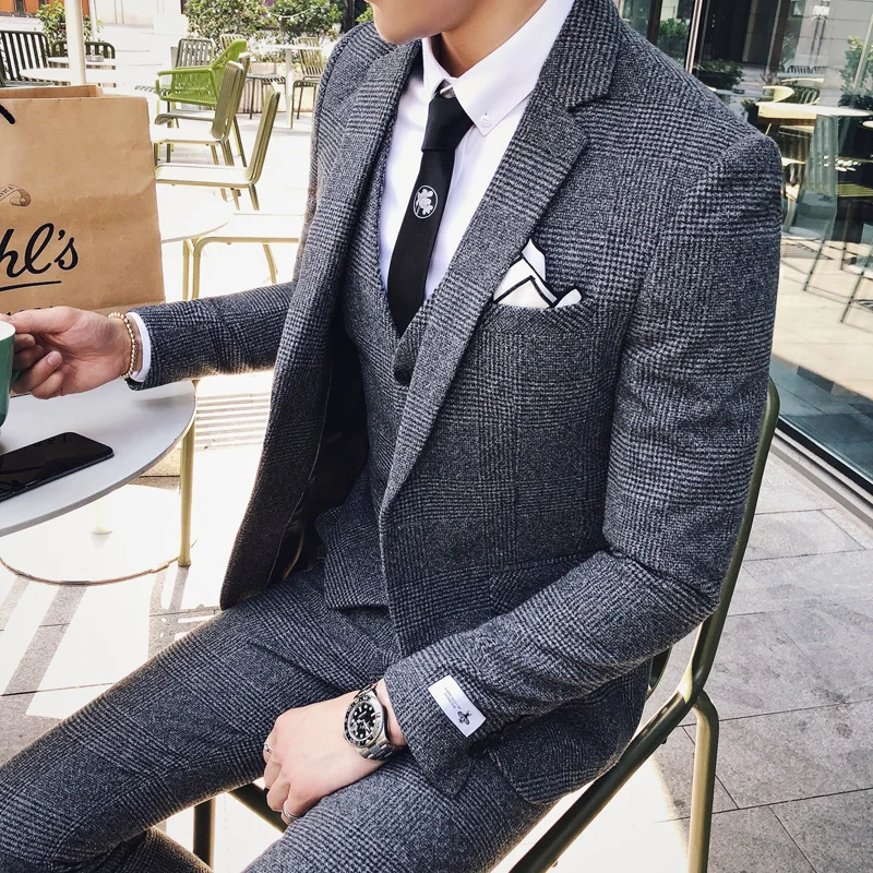 

2020 Mens Business Suits Formal Tuxedo Social Suits Mens Casacas Hombre Azul Terno Preto Slim Fit Gray Retro Plaid Suits Mens