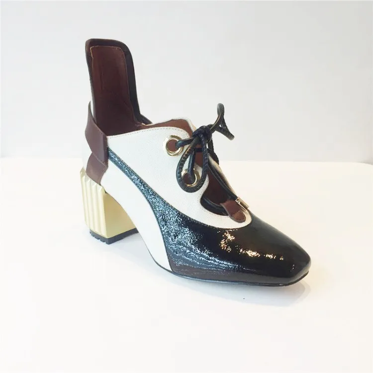 

same leather color matching strap thick heel high heeled shoes cow patent leather fashion spring new single shoes