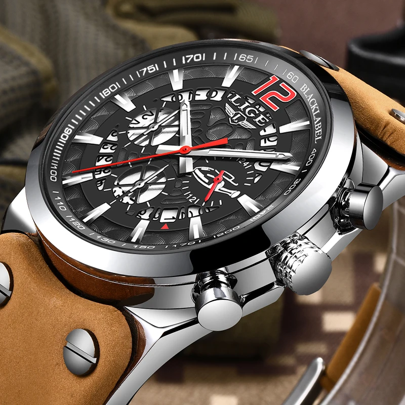 

LIGE New Hollow Clock Business Mens Watches Top Brand Luxury Quartz Watch For Men Casual Leather Waterproof Sport Chronograph