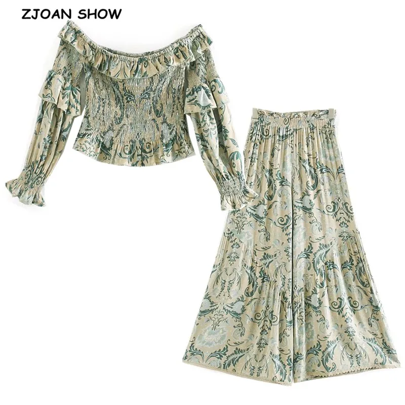 

Holiday Bohemia Ruched Elastic Slash neck floral Print Long sleeve Shirt Ruffle Women Elastic Waist Wide leg Pants 2 Pieces Set
