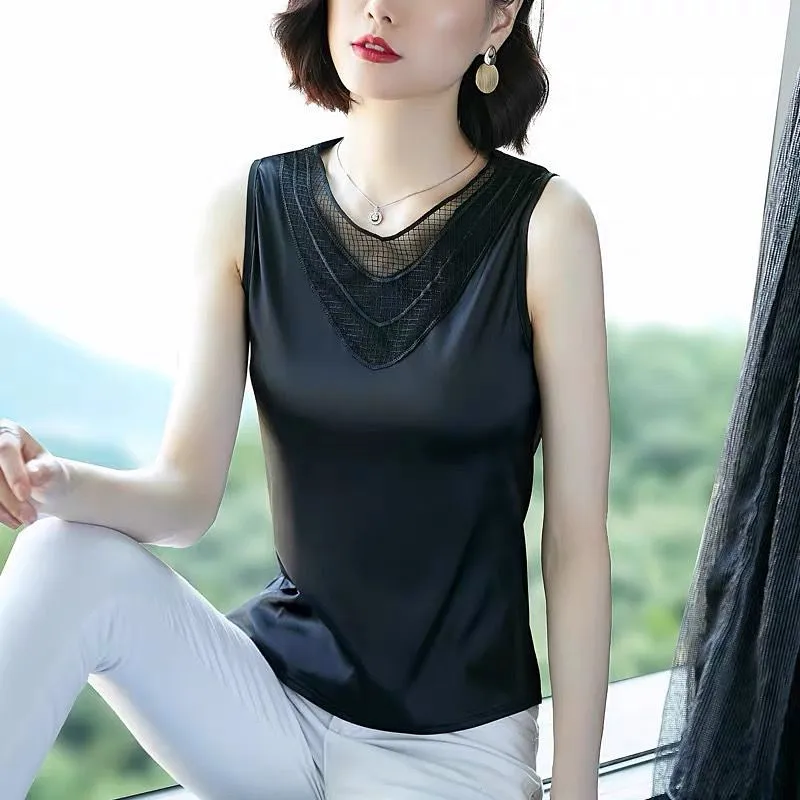 

Summer New Satin Vest Lace Sexy Tops Women V-neck Sleeveless Pullover Loose Inner Wear Elegant Bottoming Shirt All-match Trend