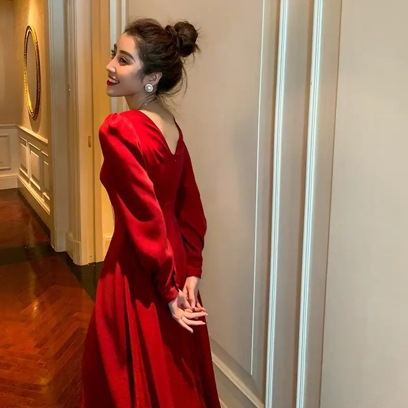 Красное элегантное рождественское платье женское осеннее повседневное