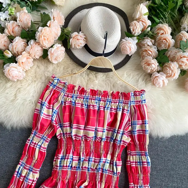 

Women's Off-Shoulder Blouse Flare Sleeve Stretch Slim-Fit Short Blusa Nipped Waist Ruffled Plaid Blouse Female Top Pl524