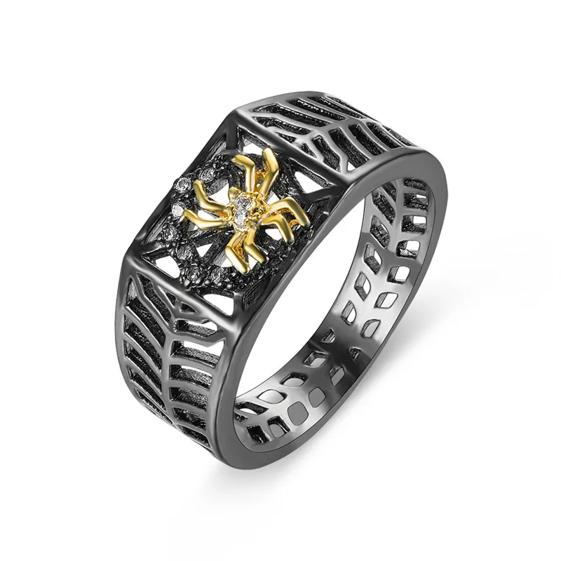 

Gothic Female Male White Crystal Ring Steampunk Black Gold Big Rings For Women Men Unique Spider Web Hollow Party Jewelry