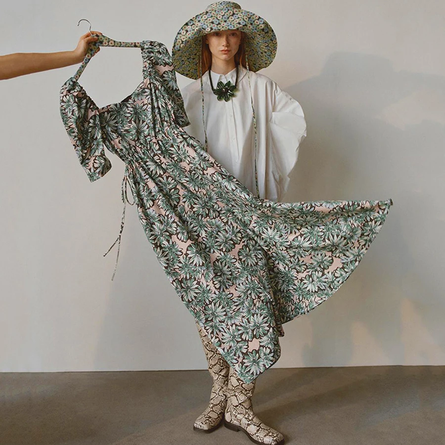 TEELYNN puff sleeve long summer dresses 2020 vintage green floral print Drawstring waist elegant party women vestidos | Женская одежда