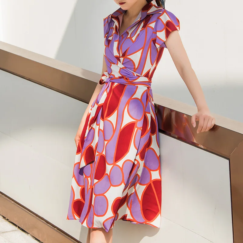 

20 New Spring And Autumn Wrap Dress French Temperament Chiffon Geometric Printing Sleeveless Slim Dress For Women