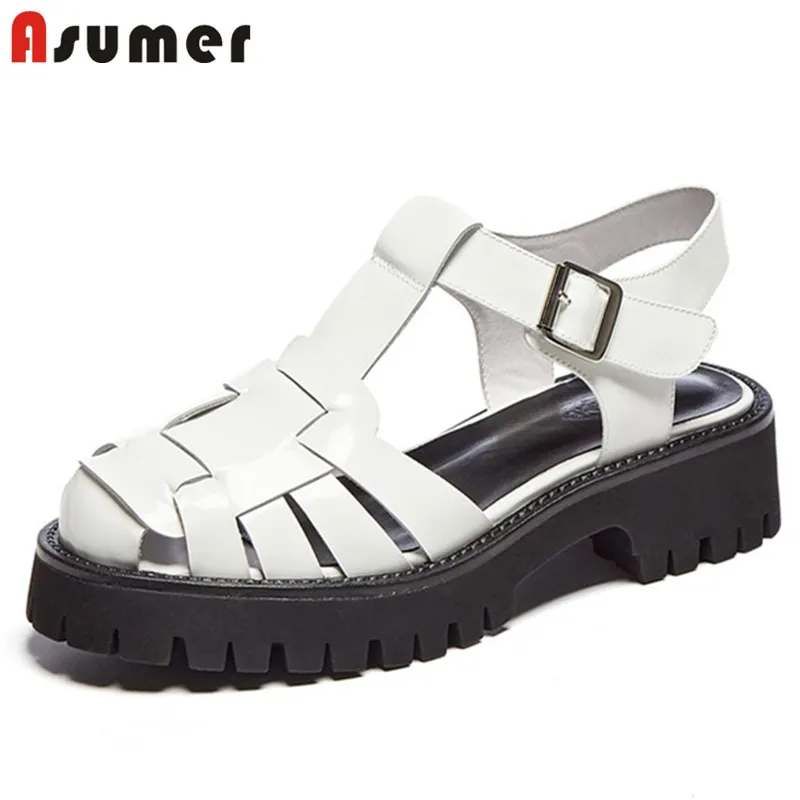 

Женские босоножки на платформе ASUMER, из натуральной кожи, с вырезами и пряжками, винтажные, повседневные, черные, лето 2021