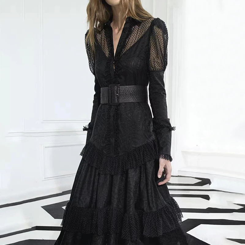 Женское платье TWOTWINSTYLE Осеннее белое лоскутное с отложным воротником длинными