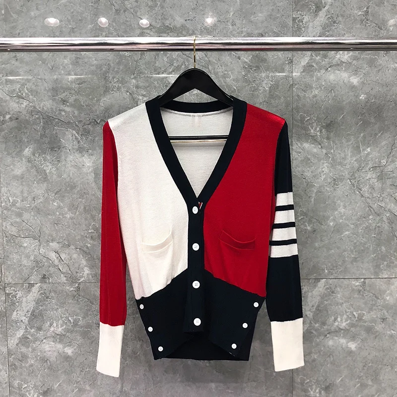 

THOM Sweater Spring Autunm Woman Custom Korea Style Clothing RWB Fun-Mix Cotton Crepe V-Neck 4-Bat Cardigan Coats