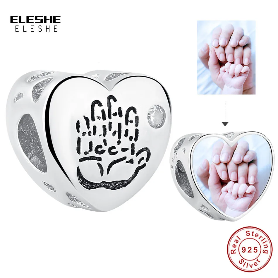100% 925 Sterling Silver Baby Hand Heart Charms Custom Photo Born Beads Fit Original Charm Bracelet DIY Jewelry | Украшения и