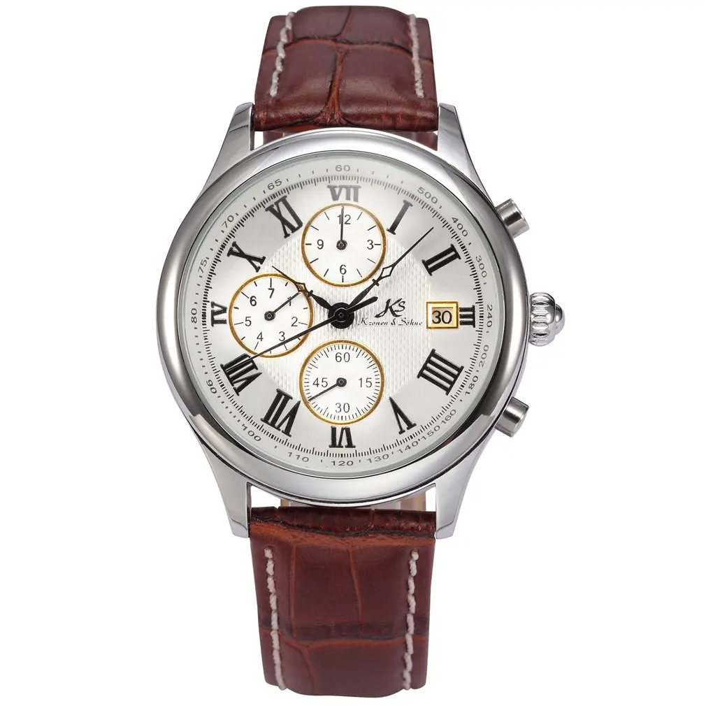 KS144 IMPERIAL KS Retro Skeleton 6 Hands Golden Case Luxury Brand Day Month Display Brown Leather Strap Men's Mechanical Watch / KS146 - Цвет: KS144