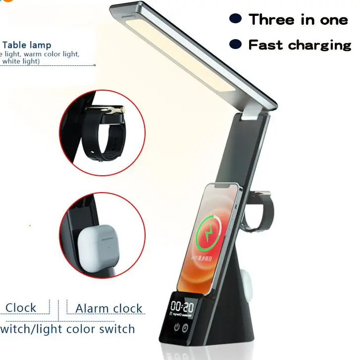 

Newest Multi-Function Table Lamp Clock Convenient Three In One Fast Charger For Mobile Phone Watch Headset Wireless Charging