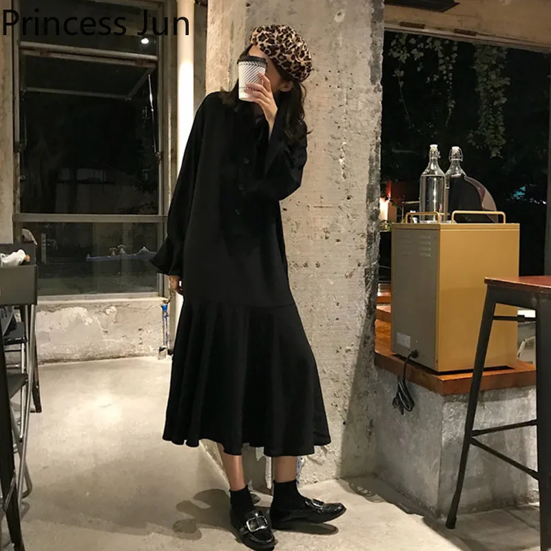 Женское платье-трапеция в стиле ретро винтажное Черное длинное платье-рубашка с