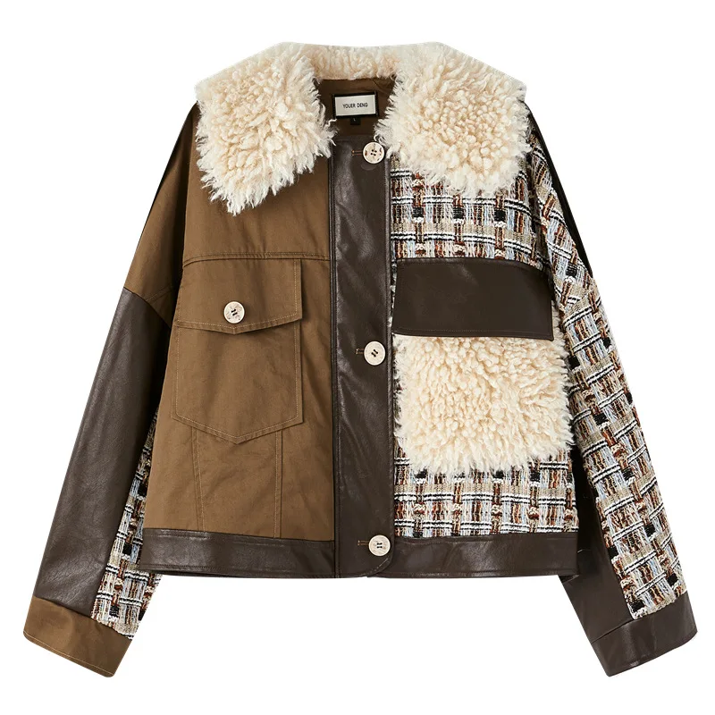 

SOUL OF TIGER Winter European Luxury Womens Vintage Real Fur Collar Faux Leather Jacket Ladies Warm Printed Coats Casual Clothes