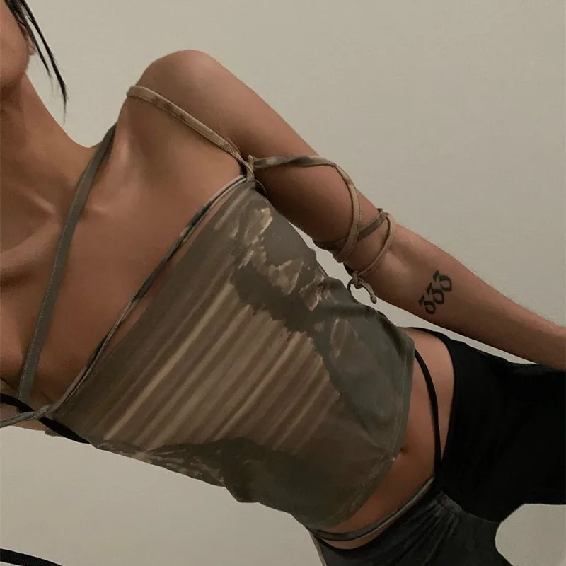 

Goth Dark Punk Gothic Camis Grunge Lace Up Off Shoulder Women Crop Tops Hip Hop Bodycon Sleeveless Vintage Print 90s Streetwear