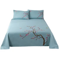 thick embroidered plum blossom luxury cotton bed sheet set 3 piece queen bedding sets flat sheet pillowcases light blue
