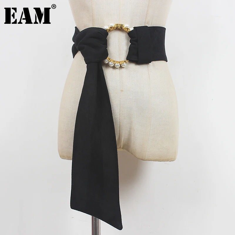 

[EAM] Black Pearl Big Buckle Printed Long Wide Belt Personality Women New Fashion Tide All-match Spring Autumn 2022 1DE4086