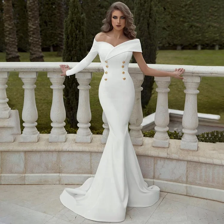 

Sexy Simple Slim Satin Mermaid Wedding Dresses 2020 Off Shoulder One Long Sleeve Arbic Wedding Gowns Button Bridal Dress