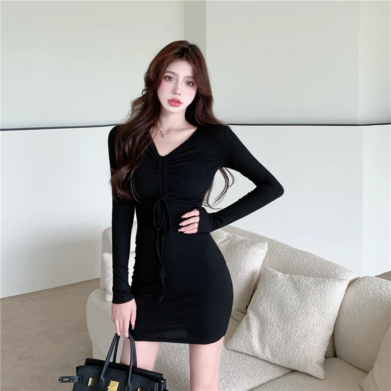 

Knitted Mini Dress Autumn Winter Korean V Neck Shirring Pleated High Waist Slim Dresses for Women Solid Bodycon