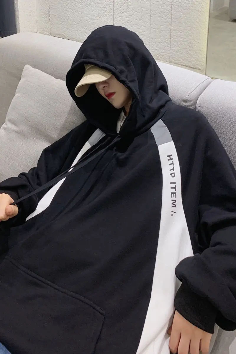 

2021 Spring And Autumn New Youth Popular Hong Kong Style Reflective Stitching Hooded Sweatshirt Fashion Casual Pullover